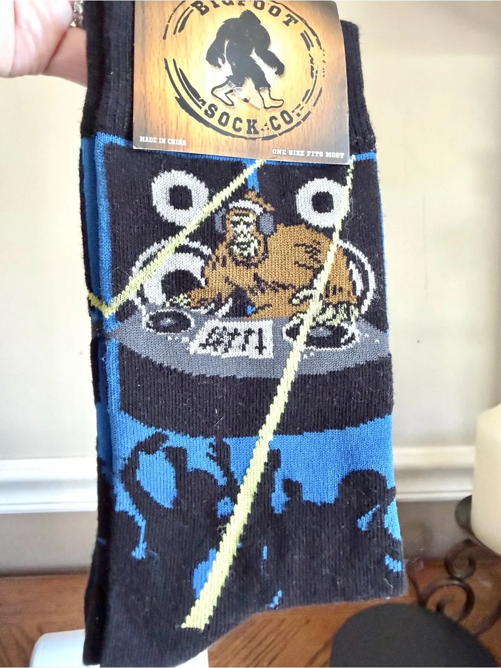 Bigfoot Sock Co. NWT Men’s Black & Blue Novelty Socks with DJ Bigfoot